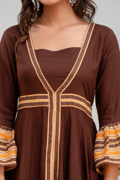 Anam jaipuri Long Flared Printed Kurta in Brown