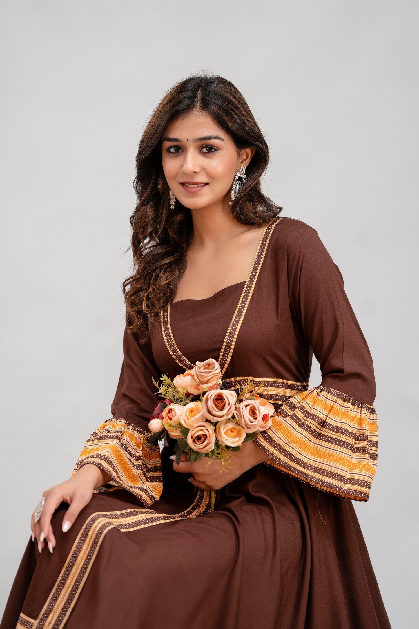 Anam jaipuri Long Flared Printed Kurta in Brown