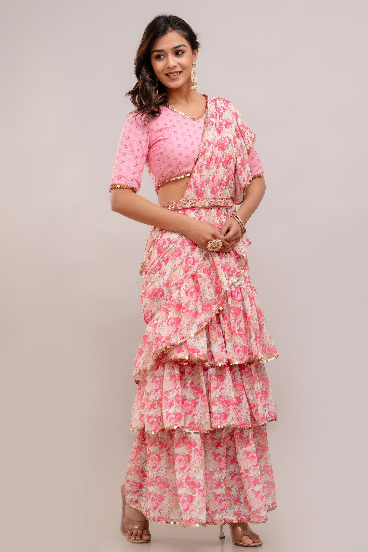 Anam jaipuri  Beautiful Embroidered Ruffled Saree With Blouse & belt