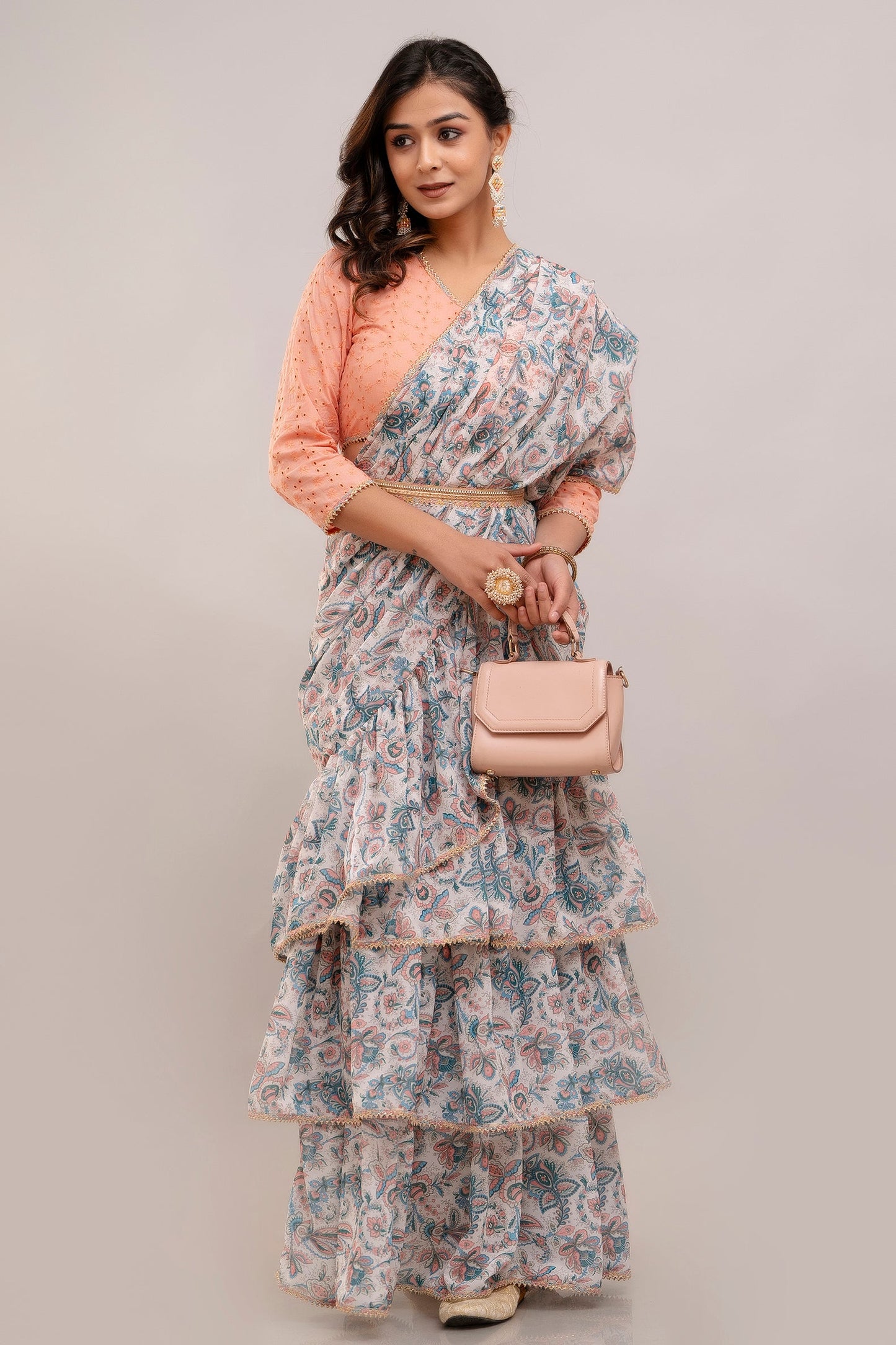 Anam jaipuri  Embroidered Ruffled Saree With Blouse & belt