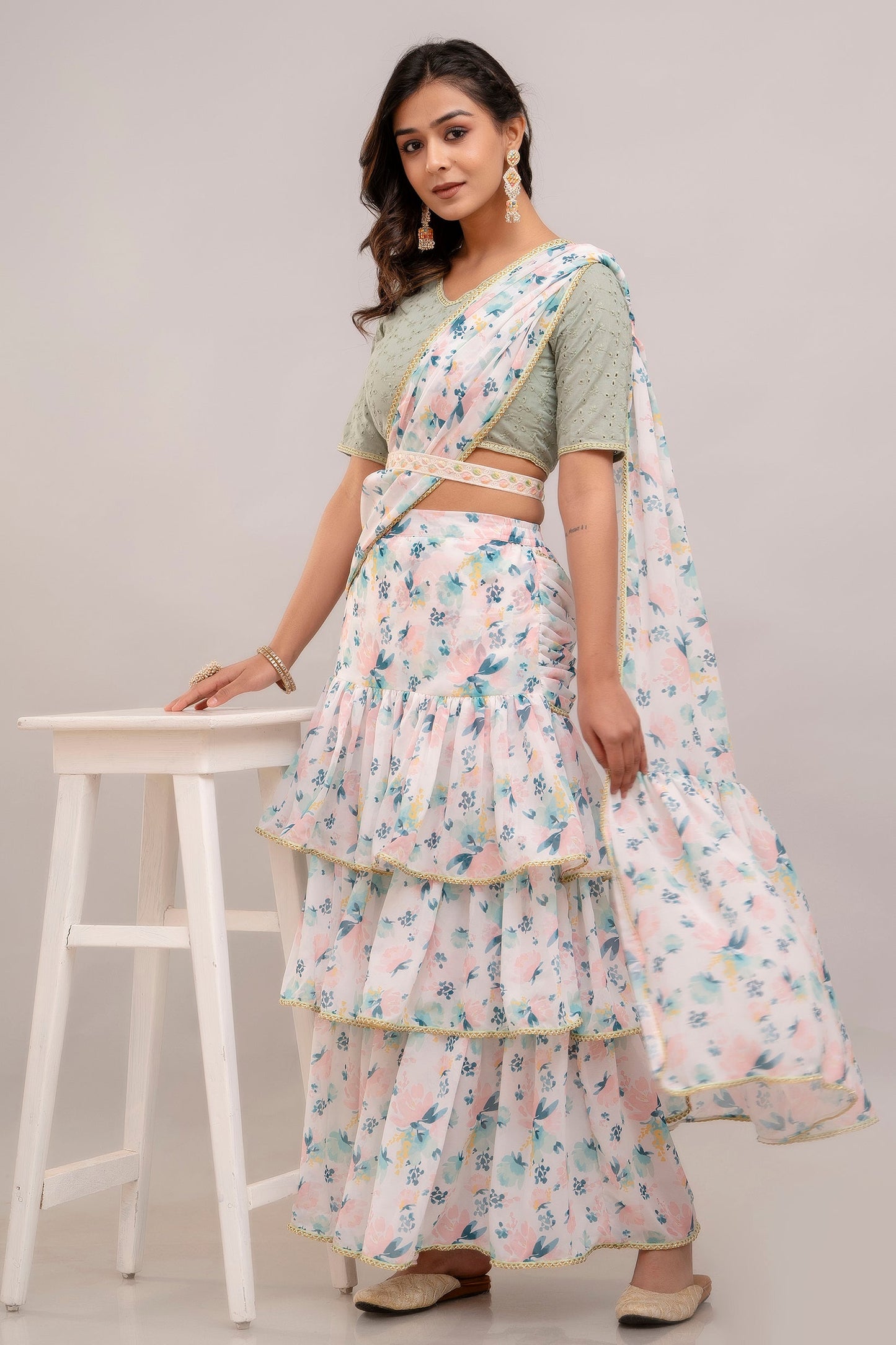 Anam jaipuri  Embroidered Pre-Draped Saree With Blouse & belt