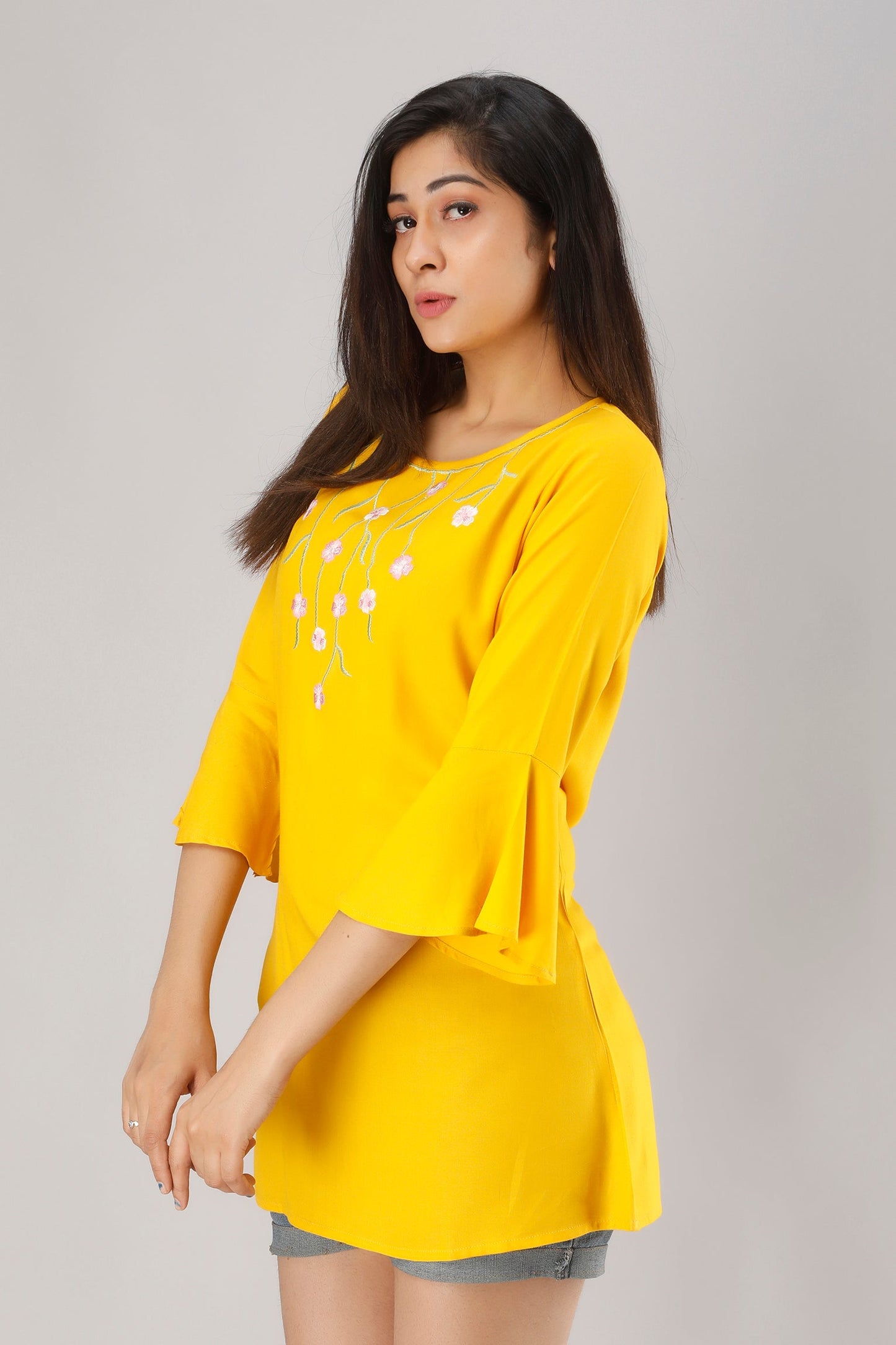 Anam jaipuri Rayon Embroidered Tunic in Yellow