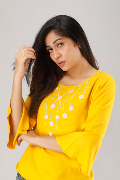 Anam jaipuri Rayon Embroidered Tunic in Yellow