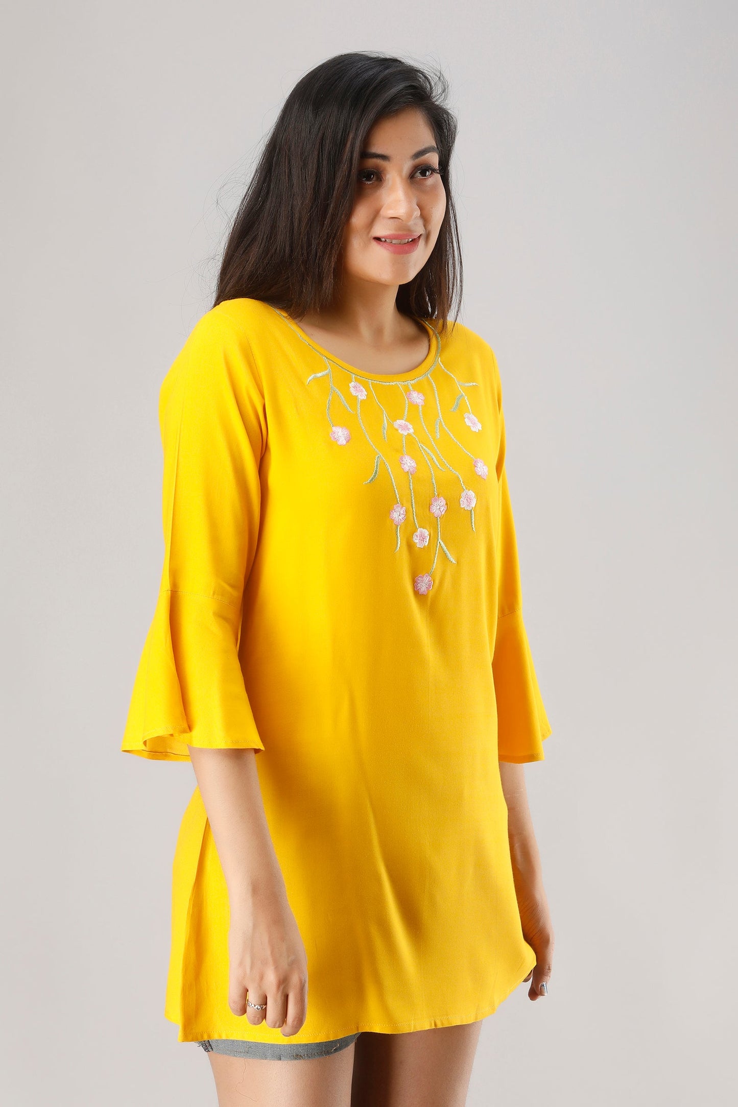 Anam jaipuri Rayon Embroidered Tunic in Yellow