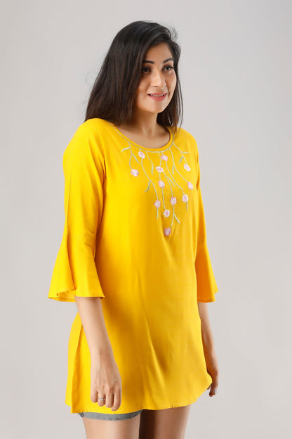 Anam jaipuri Rayon Embroidered Tunic in Yellow