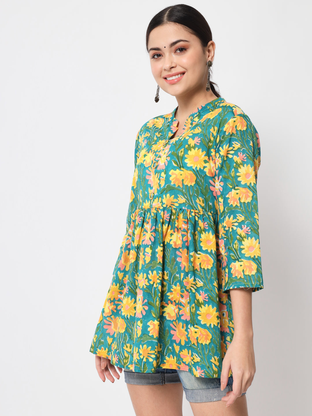 Anam jaipuri Green Floral Printed Tunic in Cotton