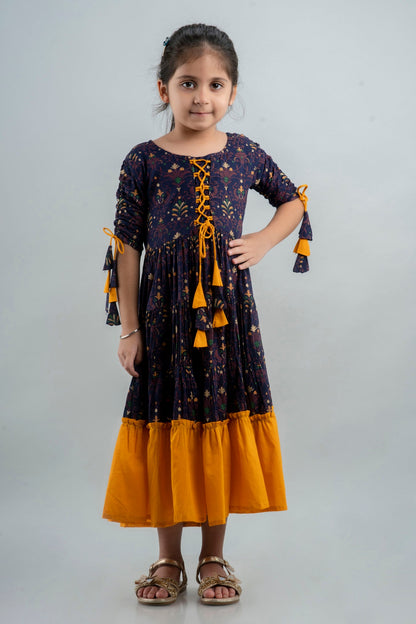 Anam jaipuri Girls Anarkali Kurta in Blue & Yellow