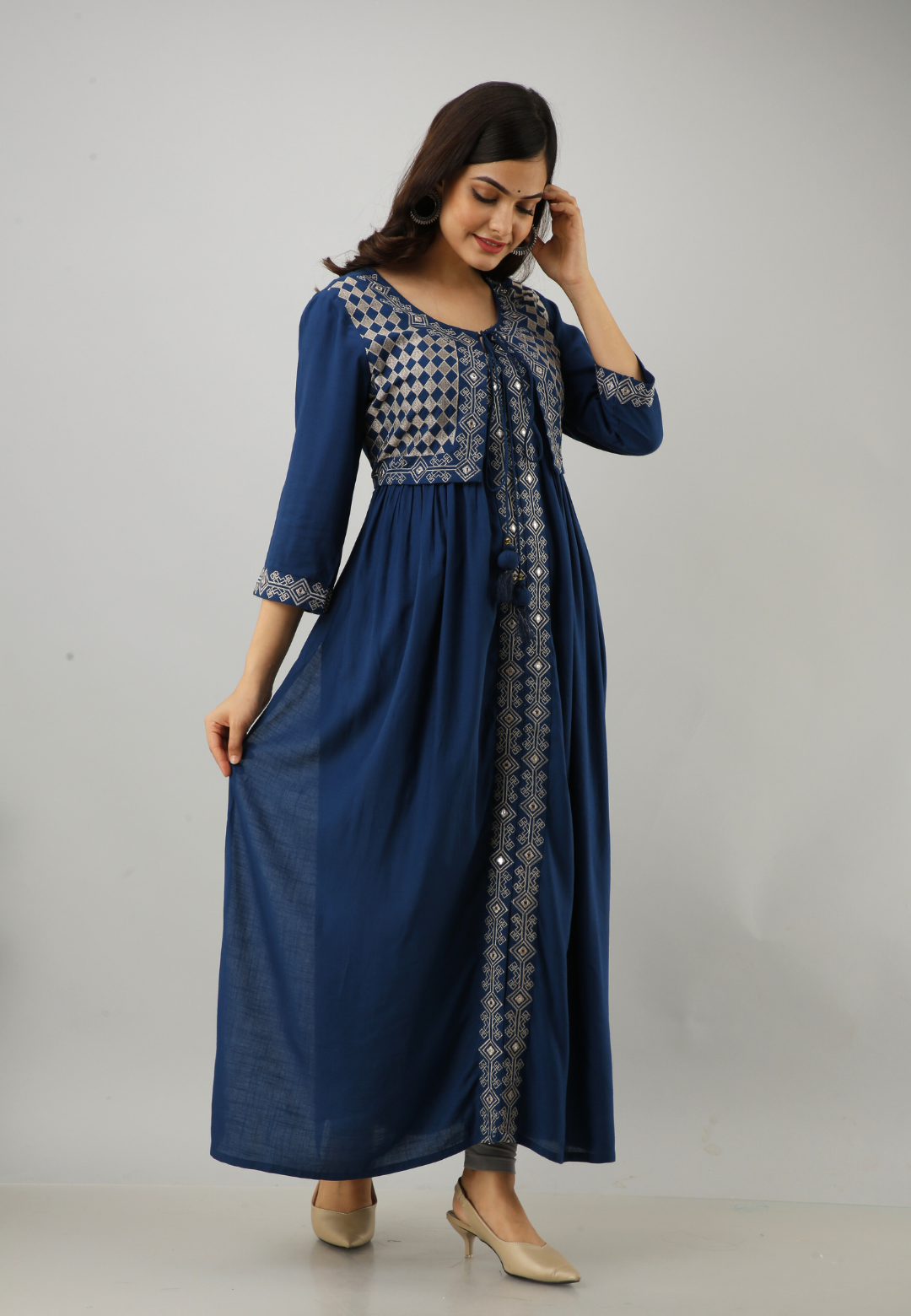 Anam jaipuri Embroidered Jacketed Nyra-Cut Kurta in Dark Blue