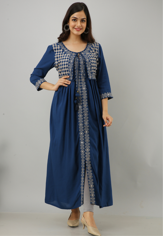 Anam jaipuri Embroidered Jacketed Nyra-Cut Kurta in Dark Blue