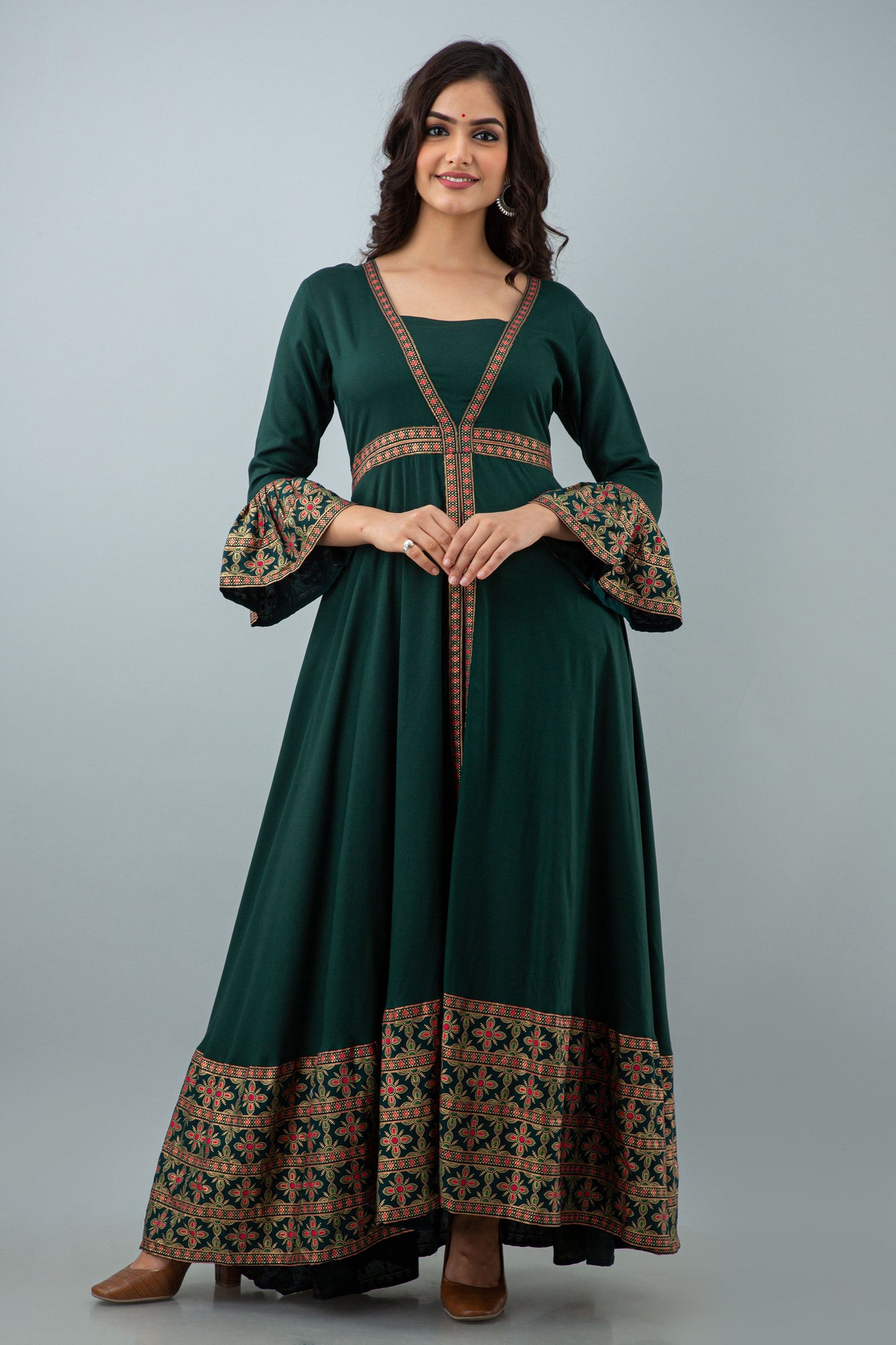 Anam jaipuri  Green Open Front Party Wear Long Flared Kurta