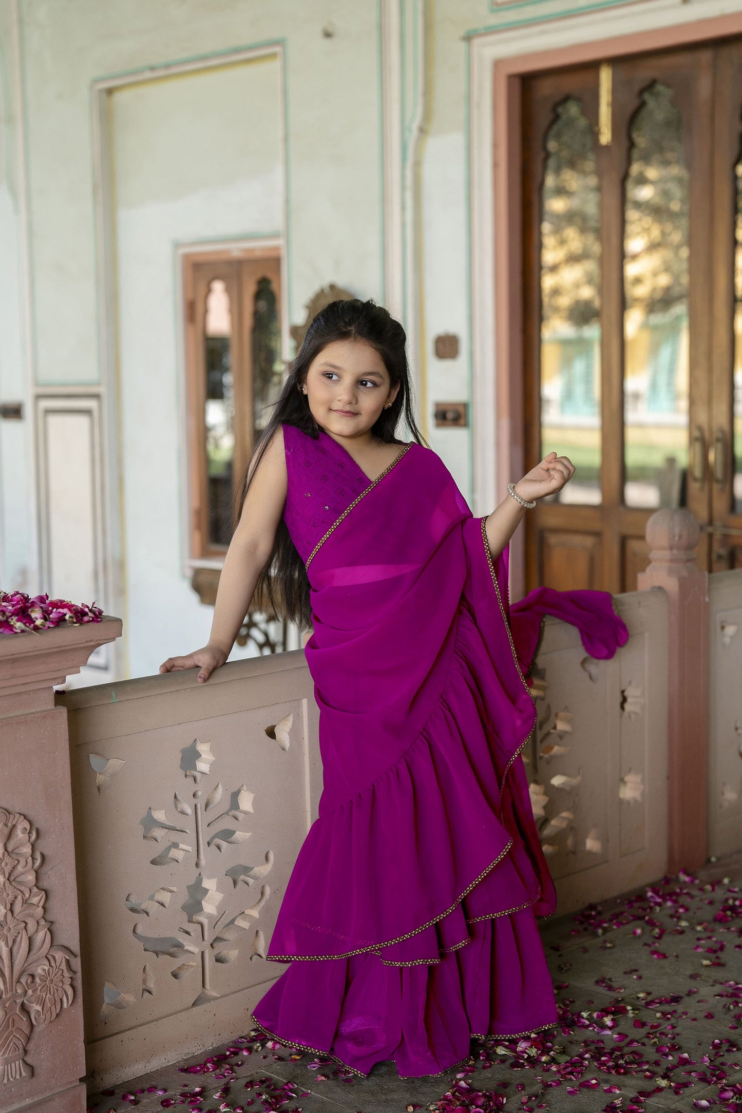 Cutie Diva Pink Georgette Saree With Sequence Blouse For Girls