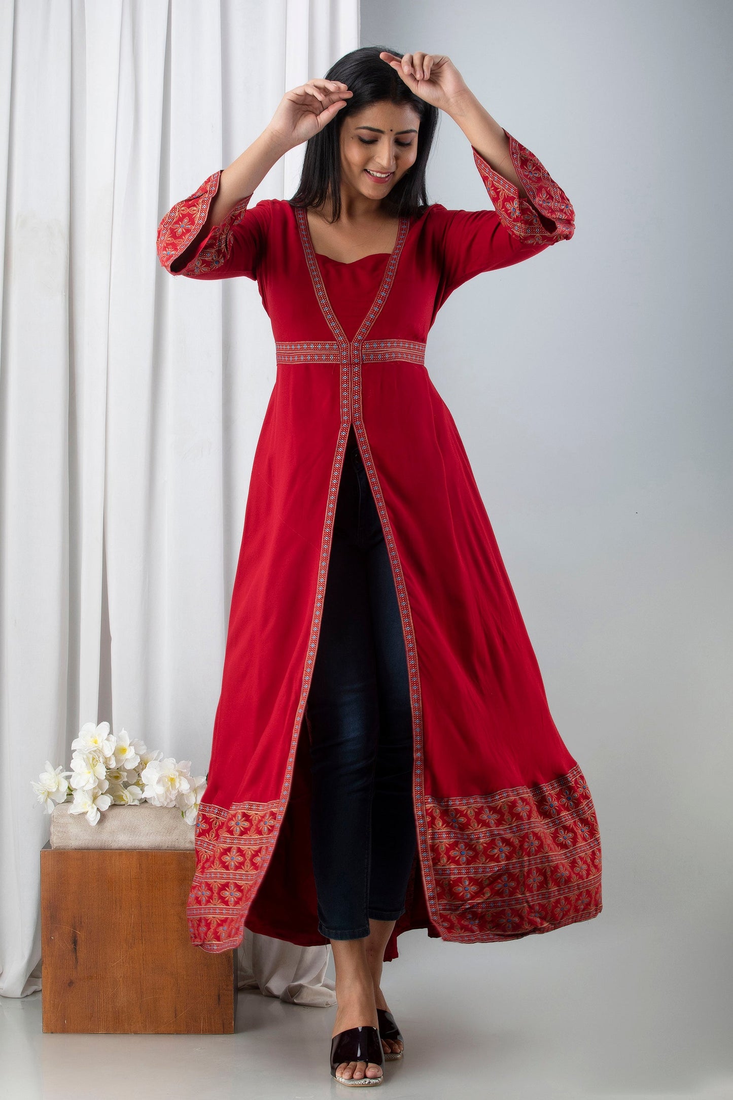 Anam jaipuri Red Open Front Designer Festive Wear Long Kurta